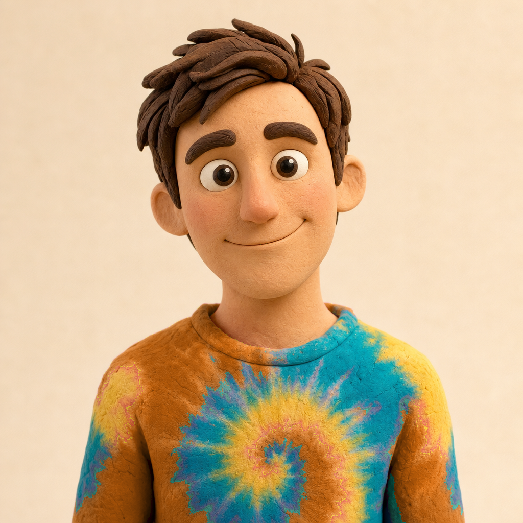 Claymation-style founder portrait of Alex