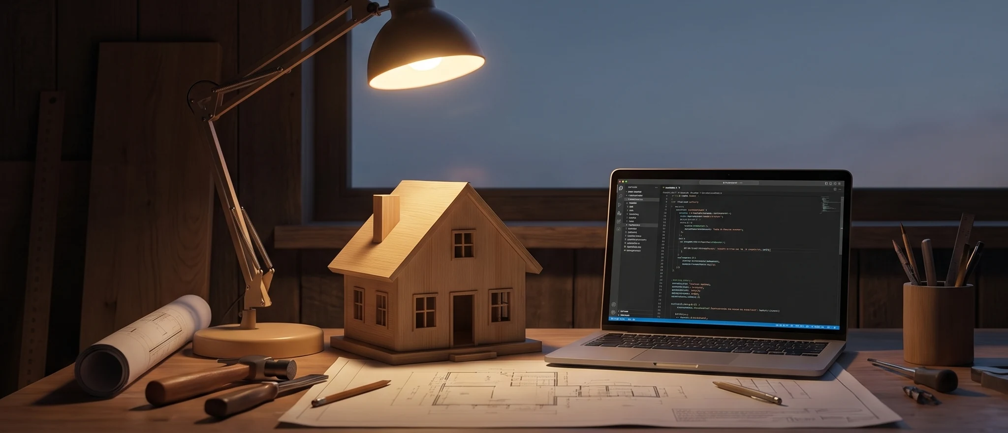 The ARJ Labs workshop at dusk: a workbench with a miniature house model, blueprints, and a laptop running code