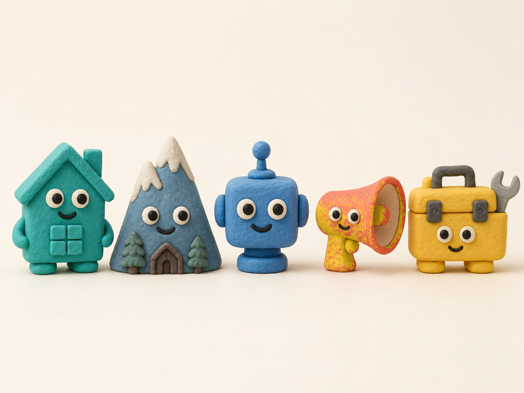 Claymation lab crew figures representing rentals, AI, marketing, and ops