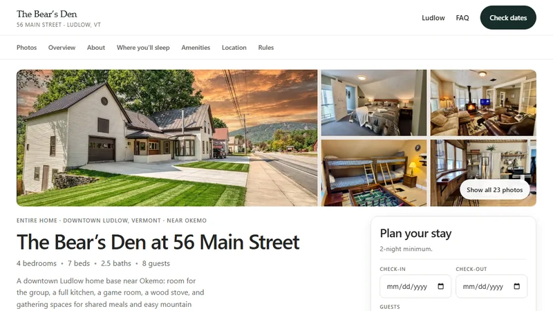 The Bear's Den property website shown inside a browser frame
