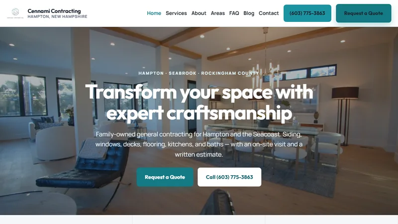 Cennami Contracting website homepage with a finished interior renovation