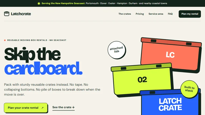 Latchcrate website homepage with colorful reusable moving crates